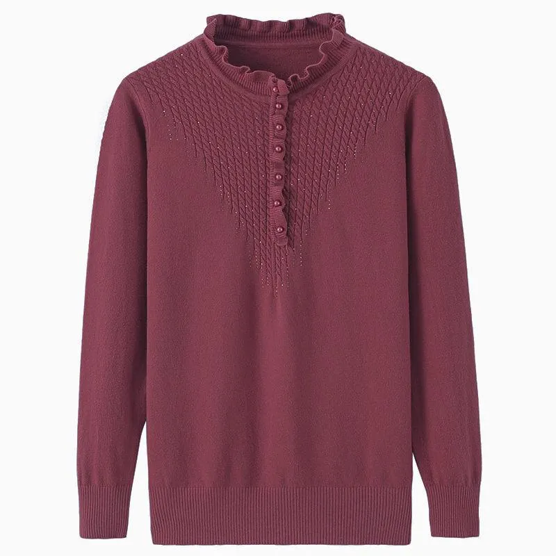 Women's Solid Color Sweater Mother Wear Half High Neck Knitted Pullover Lace Collar Bottoming Tops