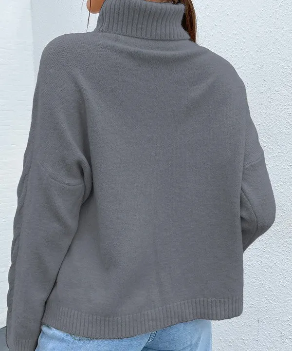 Wrently Turtleneck Drop Shoulder Sweater - Grey, Cable Knit Detail, High Stretch