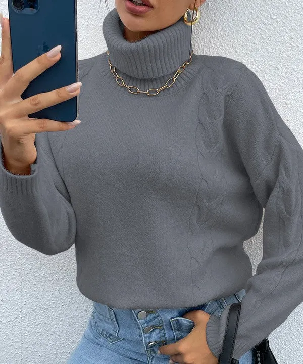 Wrently Turtleneck Drop Shoulder Sweater - Grey, Cable Knit Detail, High Stretch