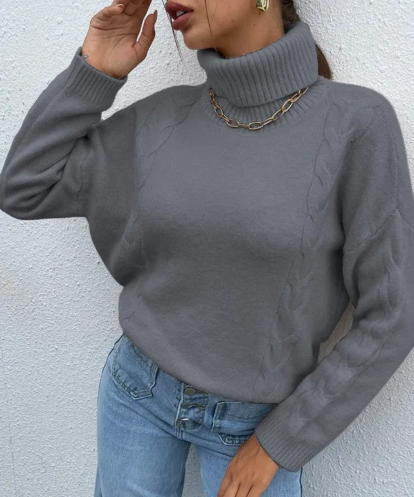 Wrently Turtleneck Drop Shoulder Sweater - Grey, Cable Knit Detail, High Stretch