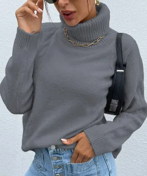 Wrently Turtleneck Drop Shoulder Sweater - Grey, Cable Knit Detail, High Stretch