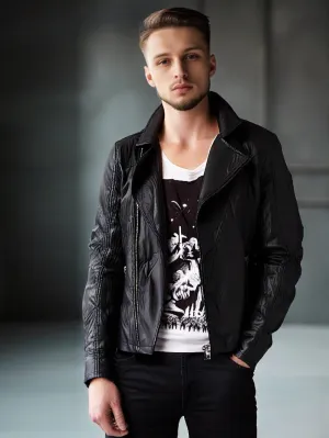 Zippered Classic Genuine Leather Biker Jacket for Men