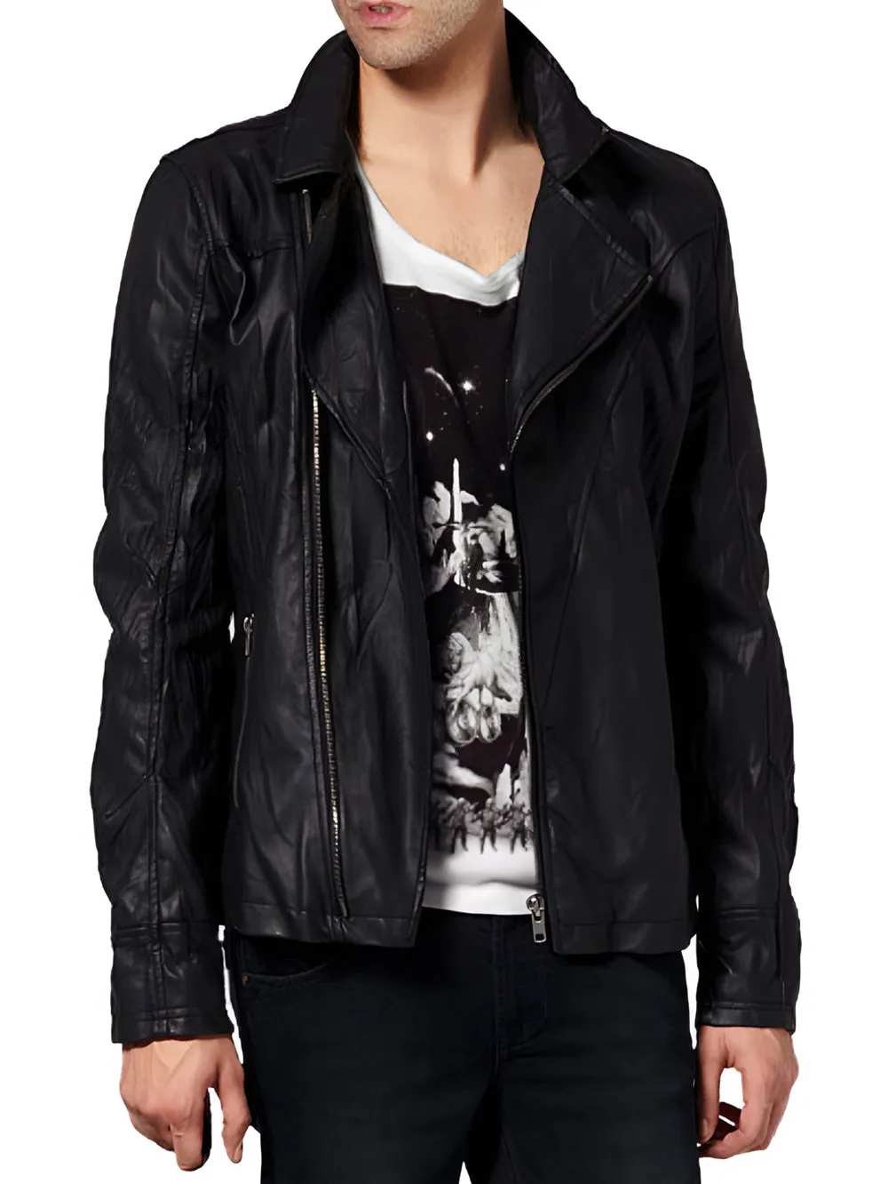 Zippered Classic Genuine Leather Biker Jacket for Men